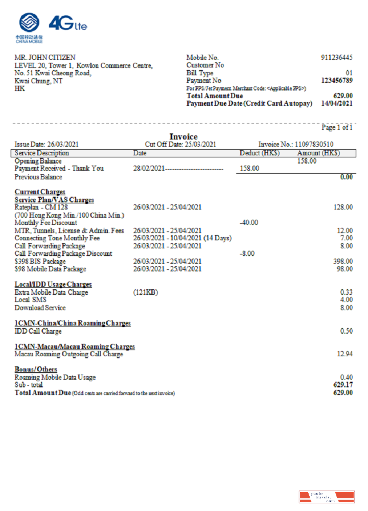 China Mobile Limited payment invoice PSD template